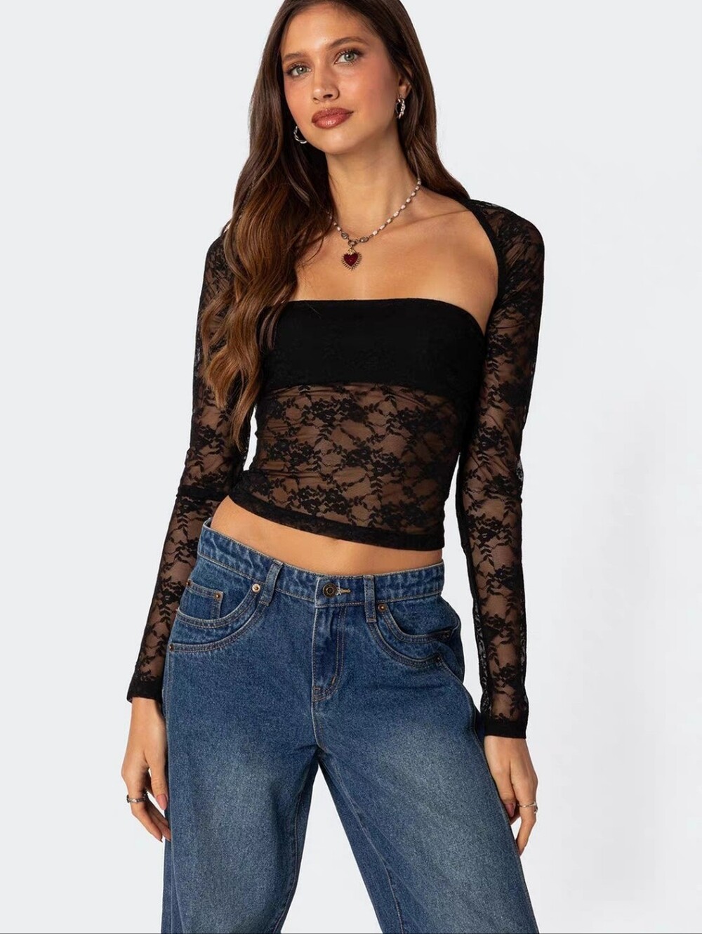 Edikted Addison Sheer Lace Top & Bolero Set Size L